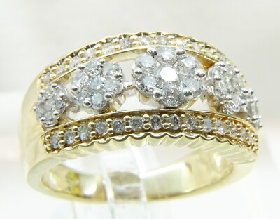 Gorgeous 14 K Yellow Gold 1.0 CTW Diamond Multi Flower Cluster Sz 7 Ring Ice