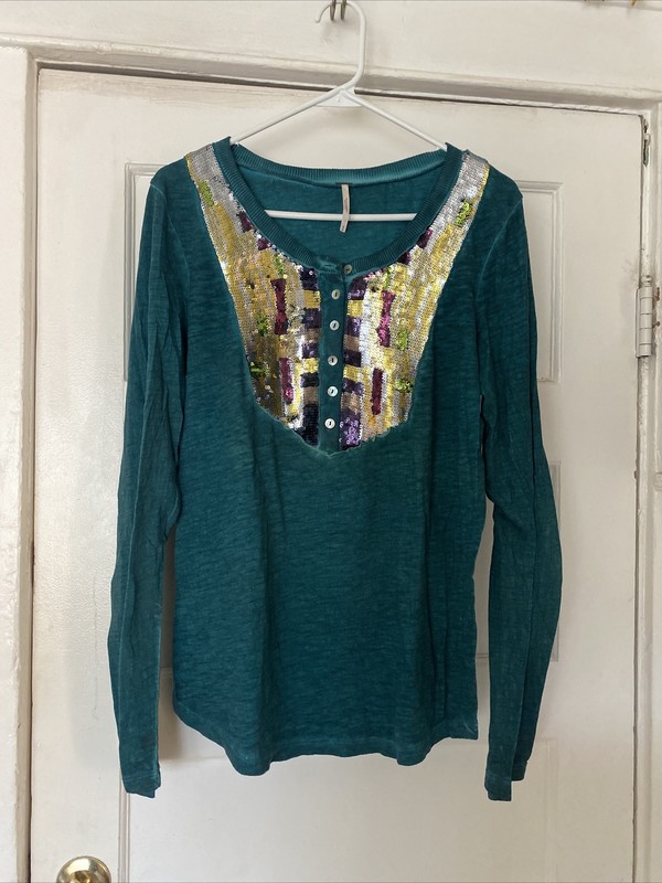 free people henley medium gorgeous heather teal blue w/ sequins buttons