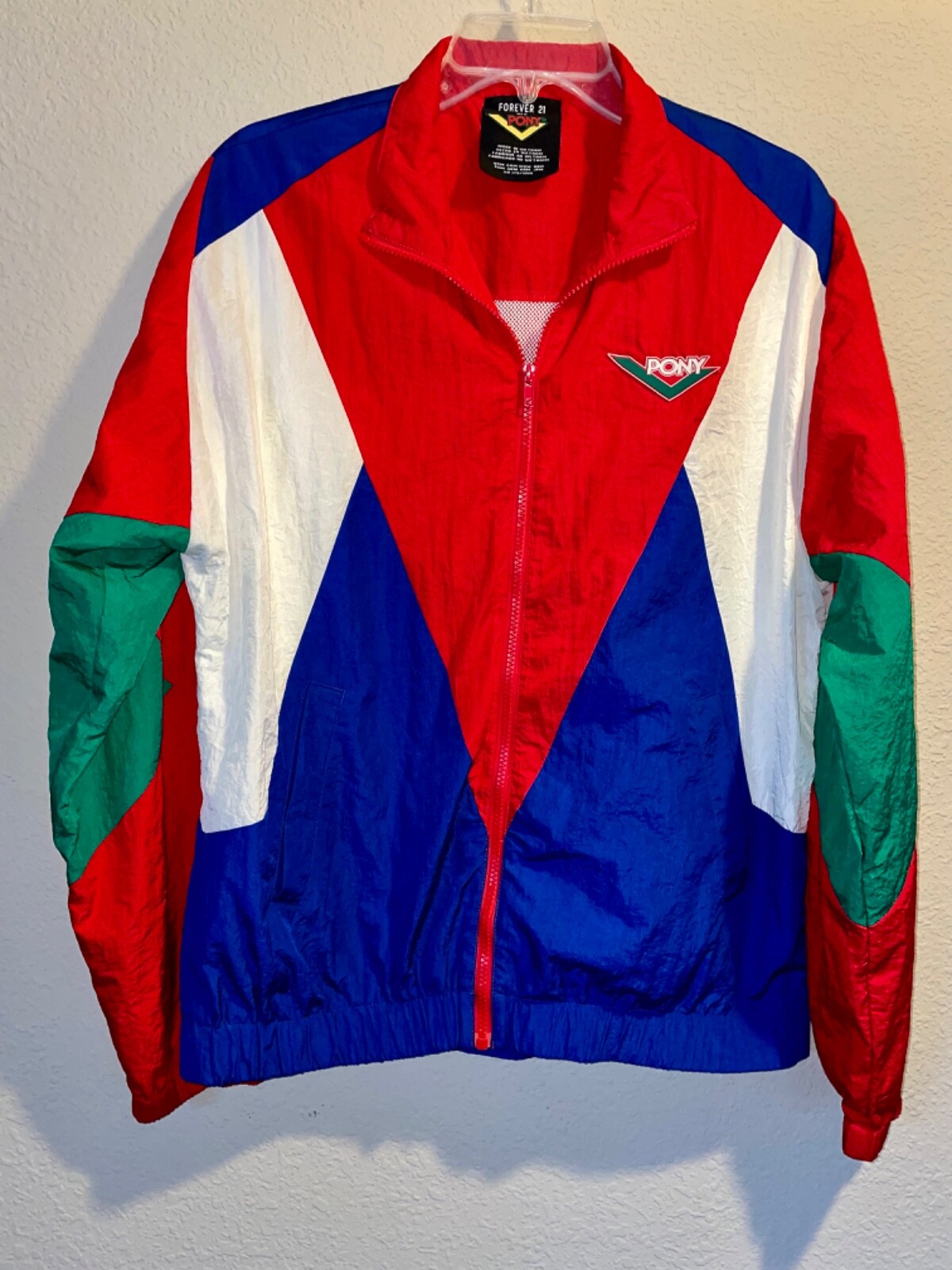 Giacca a vento Forever 21 retrò anni 90 pony L rosso bianco blu verde usata in ottime condizioni