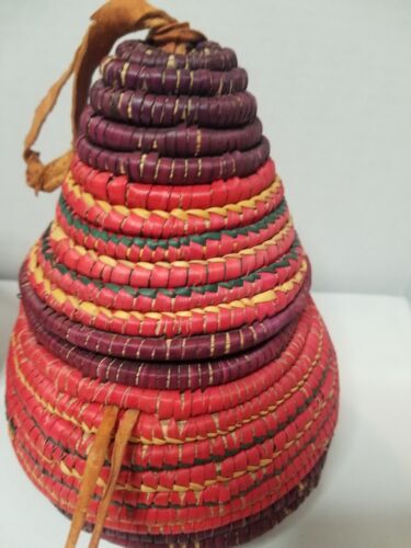Vintage Lot 2 Hand African Lidded Baskets Leather Straps & Bottom Bright Colors - Picture 3 of 15