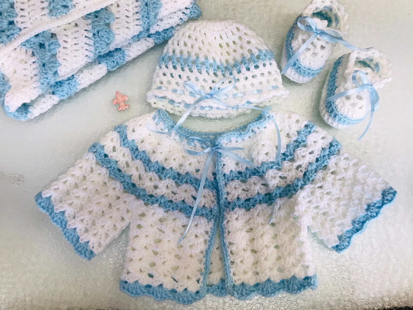 Baby Blanket Booties Jacket & Bonnet Crochet Handmade Newborn 0-12 Month Blue