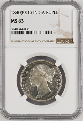 BRITISH INDIA 1840 (B&C) VICTORIA QUEEN ONE RUPEE NGC GRADED AS MS 63 RARE