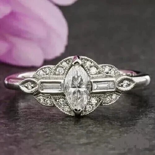 Anello di fidanzamento in argento 925 con diamanti creati in laboratorio taglio marchesa 2,5 ct stile art deco - Foto 5 di 10