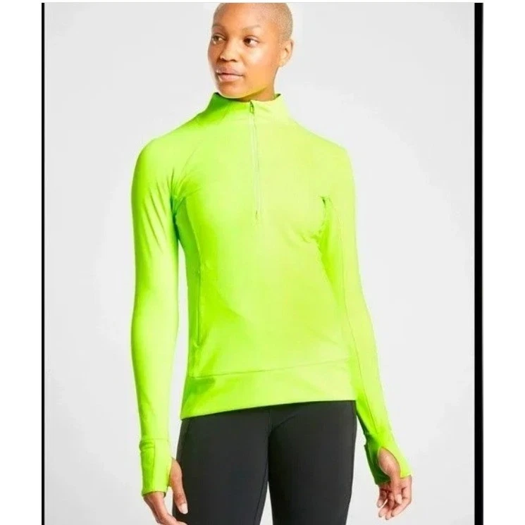 Athleta Whittier Peak Half Zip Size S Neon Green Pullover Thumbholes Athletic