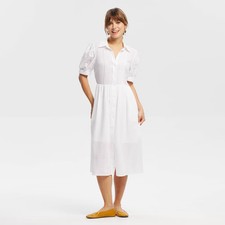 Women Puff Short Sleeve Eyelet Midi Shirtdress - Universal Thread White XL