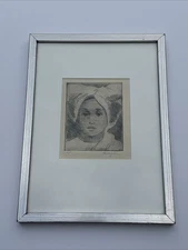 MID CENTURY ETCHING PORTRAIT PRETTY WOMAN FEMALE GIRL MODEL SIGNED RARE VINTAGE