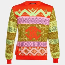 Roberto Cavalli Orange Logo Geometric Jacquard Knit Sweater M