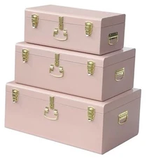  Decorative Box Set of 3 Metal Trunks Chest with Safety Lock Pale Pink-3PCS