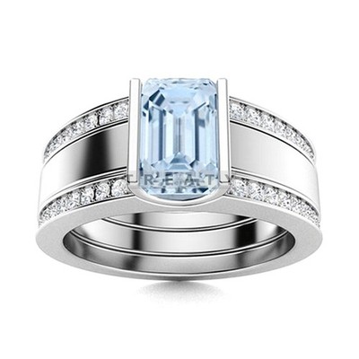 Aquamarine Emerald Cut Gemstone With Solid 14K White Gold Ring For Men's #B846 #