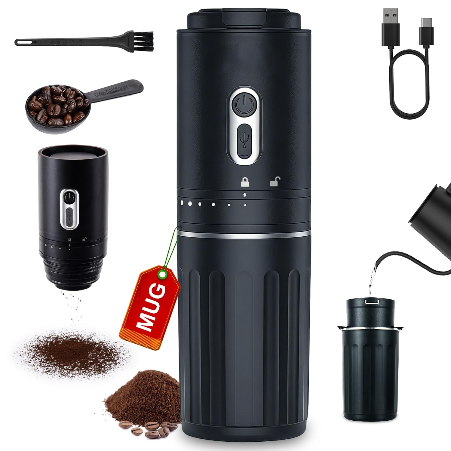 Portable Electric Burr Coffee Grinder, Rech...