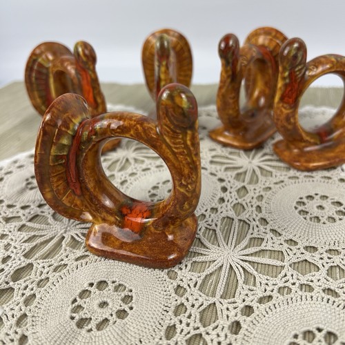 Turkey Napkin Rings Holders Thanksgiving Handmade Drip Glaze Ceramic Set Of 5 - Picture 4 of 6