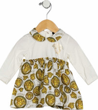 Versace Girls 12M White/Gold Medusa Logo Collared Long Sleeve Cotton Dress