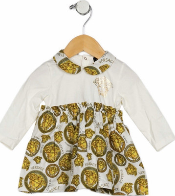 Versace Girls 12M White/Gold Medusa Logo Collared Long Sleeve Cotton Dress