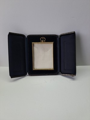 Antique Victorian Brass Picture Frame Leather Case Blue Velvet
