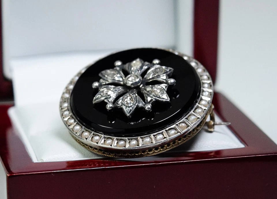 Argento - Antico Vittoriano Spilla - Diamante / Onice / Perline - Austria - Immagine 4 di 4