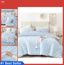 Queen Comforter Set 3 Piece Light Blue Fleece Fluffy Faux Fur Bedding All