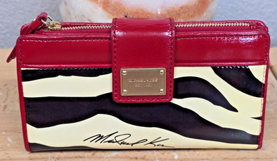 Michael Kors Tri Fold Wallet Pocketbook Zebra & Red Patent Leather