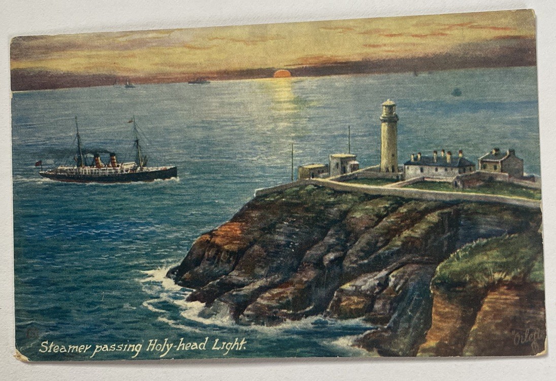 Vintage Tuck's Postcard~ Steamer Passing Holy-head Light ~ North Wales UK