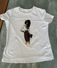 Zara S Fitted Women's White Graphic Tee Short Sleeve Artsy Casual Knit T Shirt