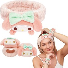 Cute Pink Spa Headband Wristband Set for Face Washing Kawaii Makeup