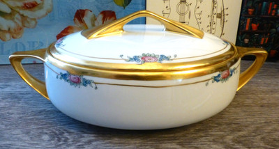 Art Nouveau Oval Tureen Bone China Bold Lines Gilt Handles Czechoslovakia