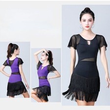 Lady Latin Dance Dress Dancewear Cha-cha Mesh Ruffle Tassel Fringe Short Sleeve