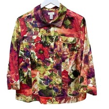 CHICO'S Watercolor Print Jacket Size Large Chico's 2 Linen/Cotton Womens Top