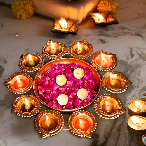 Diya Shape Flower Decorative Urli Bowl Home Decor Diwali Decoration Bowl 7 inch - Picture 17 of 25