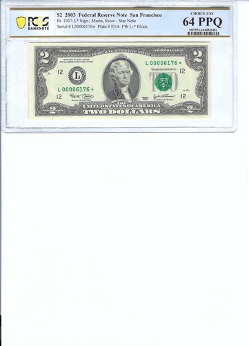 2003 $2 FRN FR1937-L* PCGS 64 PPQ, San Francisco * Note S/N L00006176*!!!