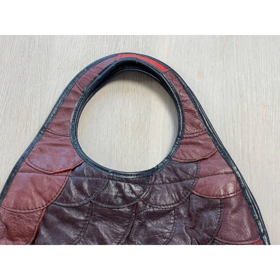 Sac patchwork vintage en cuir véritable - sac à main rétro marron rouge - sac... - Photo 3/4
