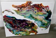 original art abstract painting, purple rocks, signed in the back