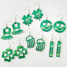 Green Wood Hollow Out Shamrock Clover Floral St. Patrick's Day Earrings Women
