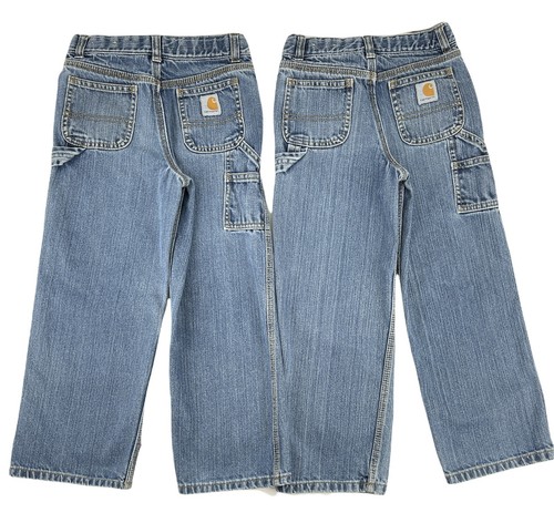 2 Carhartt Carpenter Jeans Youth Size 7 Denim Blue *Distressed Ck 8344 Chore Lot - Picture 3 of 11