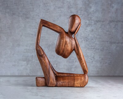 Wooden Handmade Abstract Sculpture Statue Handcrafted - Thinking Man - 7.8'' Tall