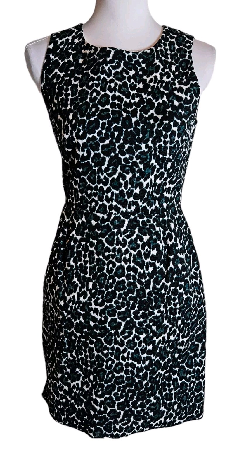 J Crew Jade Green Leopard Print Tweed Sheath Dress Size 0 Cotton Career Workwear