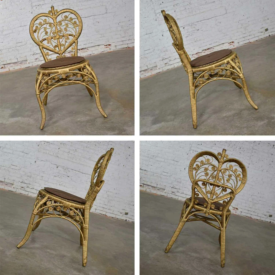 Hollywood Regency богемная спальня трио золотой плетеный изголовье сердце стул и зеркало - Изображение 4 из 4