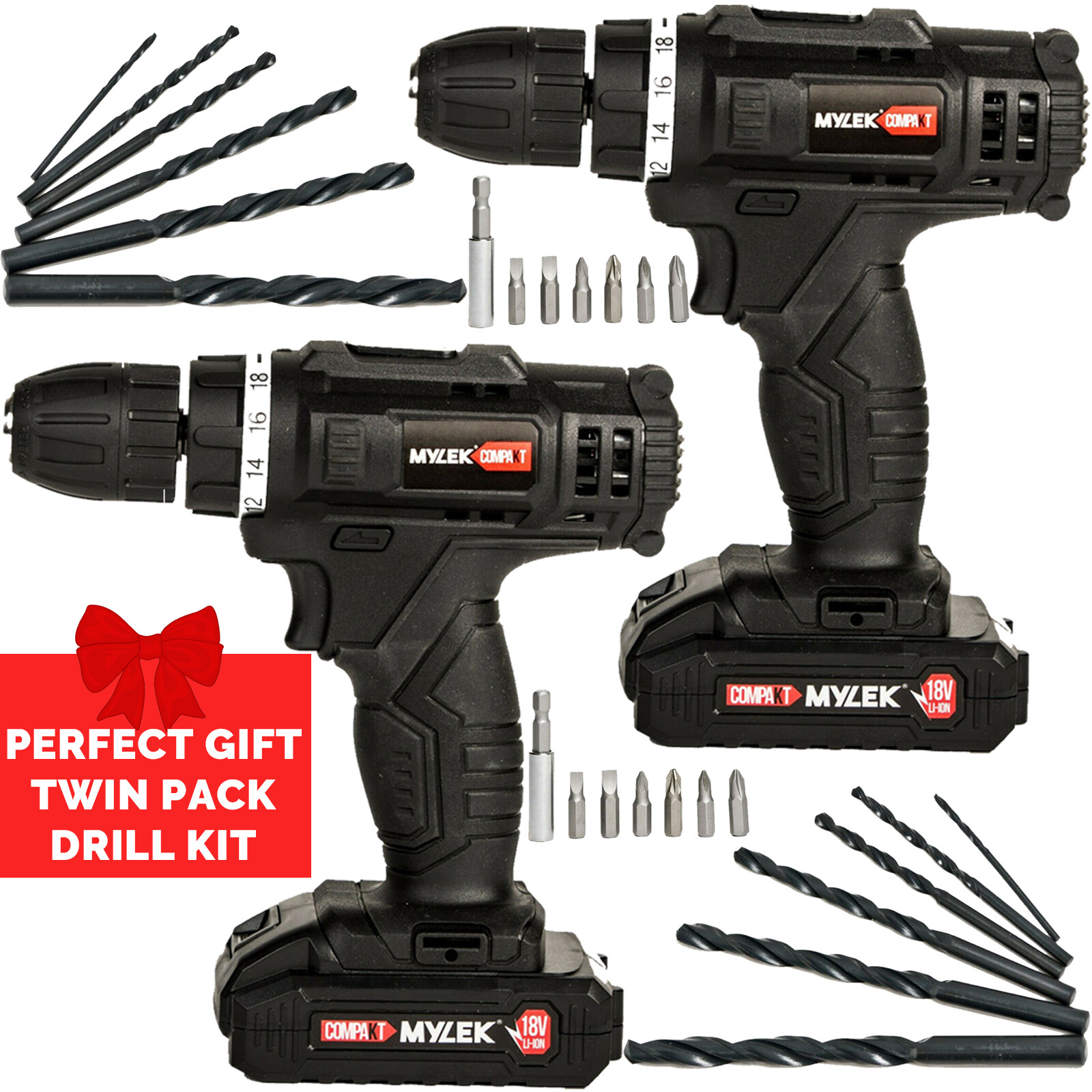 Mylek Cordless Drill 18V Driver Screwdriver Set Kit LiIon Battery Twin