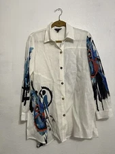 Citron Santa Monica Top Small Womens White Linen Art Asymmetrical Button Tunic