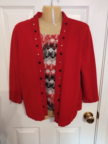 Alfred Dunner Damen Pullover rot/weiß/schwarz mit Shell - Größe Petite Medium