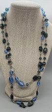 Vtg 48" Long Blue and Green Glass Bead Silver tone metal Necklace