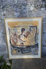 Peinture Technique Mixte Jean-Marcel Heraut Pêcheur Corse Dimensions: 59x46cm