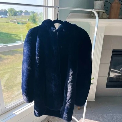 Sandro Dark Navy Faux Fur Coat Nice Condition Size 40