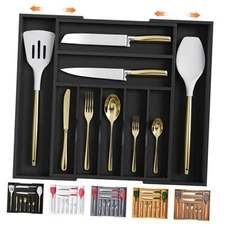  Large Premium Bamboo Silverware Organizer - 9 Slots Expandable Black