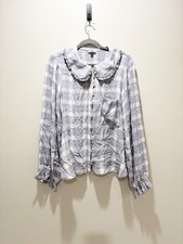 Pilcro Keira Collared Light Blue White Button-Up Top Checked Ruffle Peasant XL