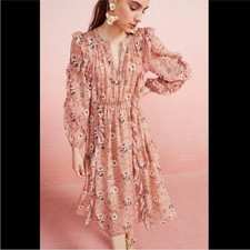 ULLA JOHNSON Floral Silk Ellette Midi Dress Cafe Size 2 Metallic Adjust Ruffle