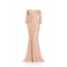 Teri Jon Rose Gold Floral Embroidered Sequined Off Shoulder Gown Formal Size 10