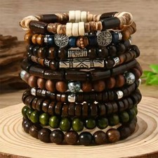 10pcs Bohemian Wooden Beaded Bracelets Set Men Women Multi Layer Wristband Gift