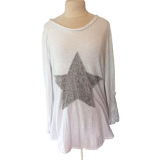 Sweatshirt Bluse 💙 Damen Weiß Stern Pailletten Langarm Italy D500F Gr. 36,38,S