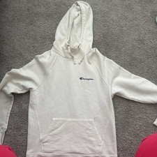 Champion women s White Pullover Hoodie S Fleece Kangaroo Pocket Logo Drawstring