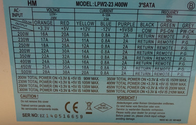 HM LPW2-23 /400W 3*SATA  20+4 Pin Netzteil 400W #NTX149